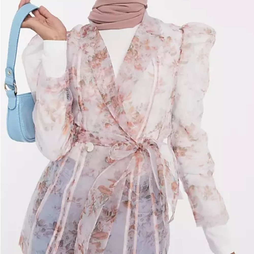 ASOS Sheer Floral Wrap Blazer in White and Peach
